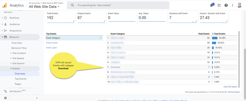 Google analytics event report for file downloads
