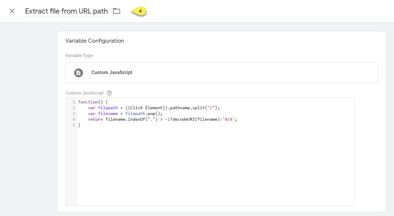 Extract file from URL path custom javascript variable gtm